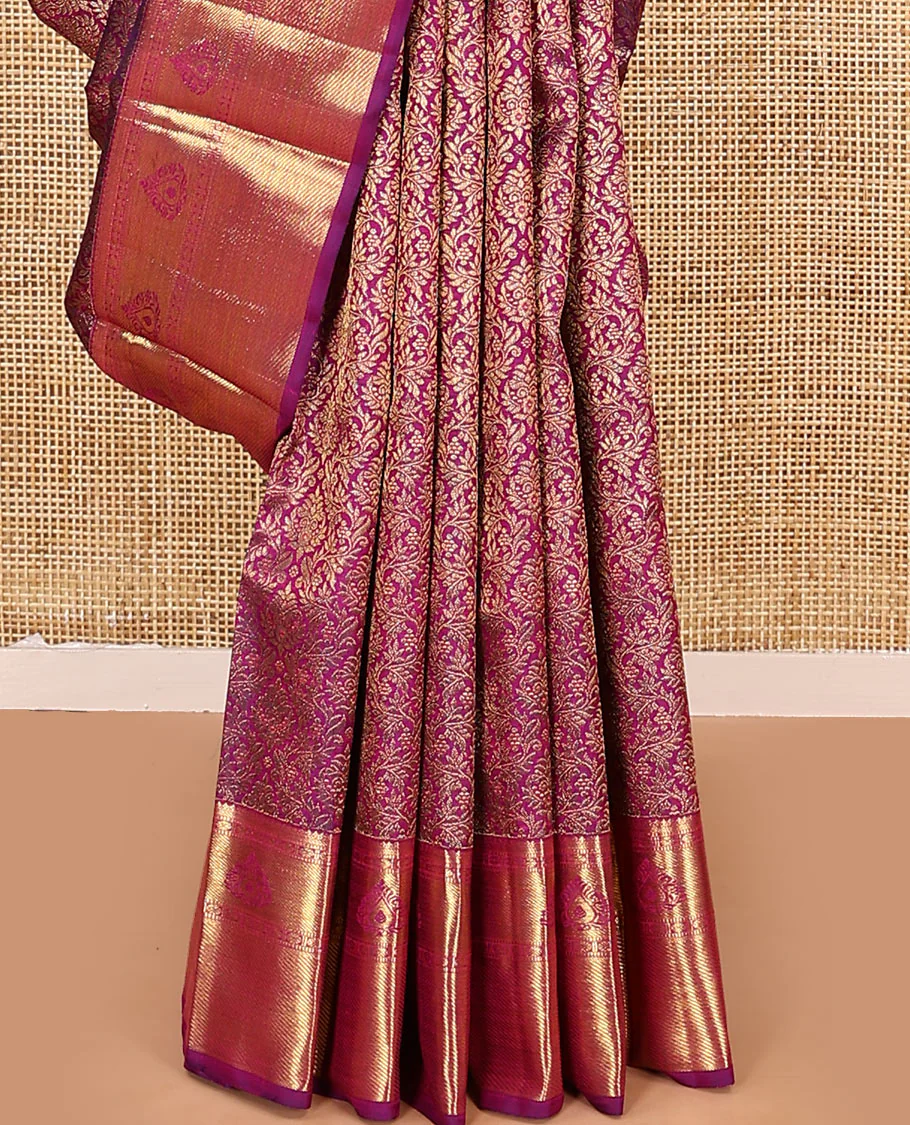 Magenta jacquard kanchipuram silk saree, zari border of thilakam, banaras, muthu, rudraksham designs, and jaal pallu - Image 4