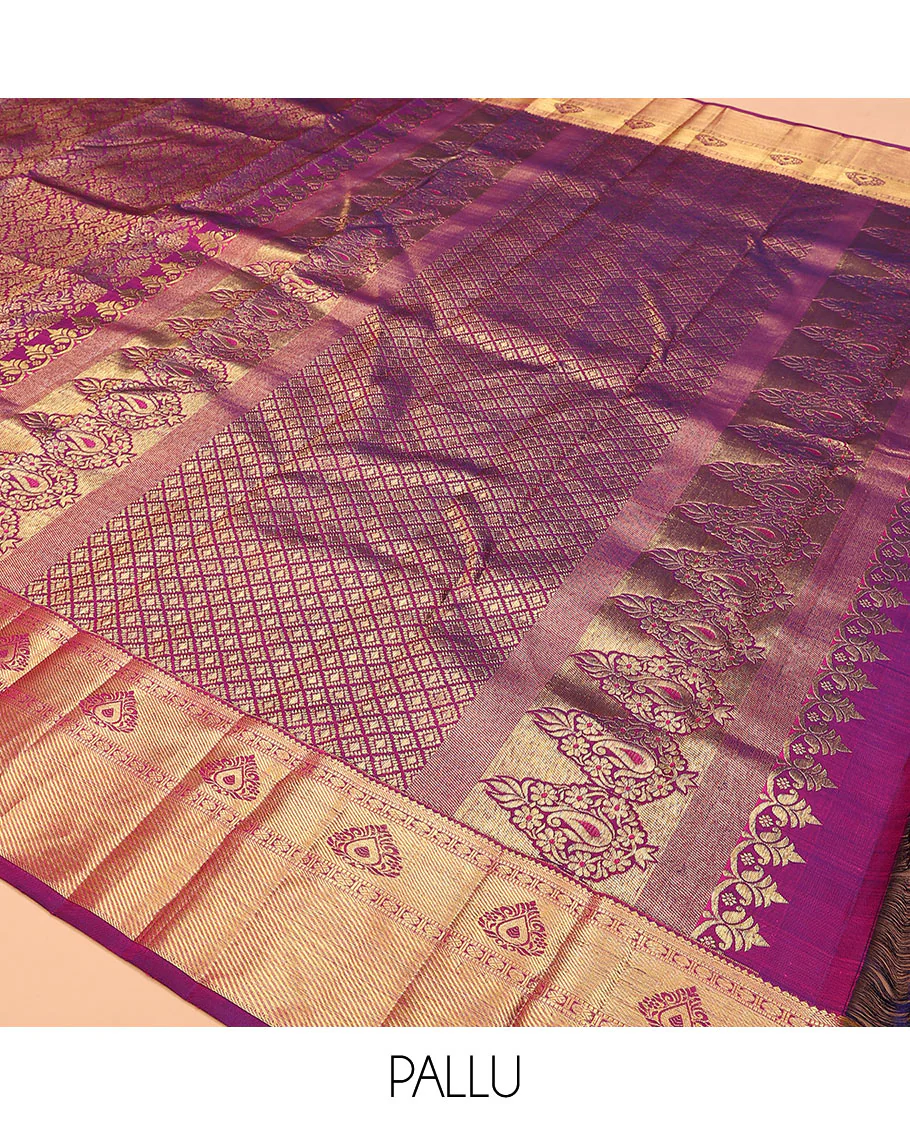 Magenta jacquard kanchipuram silk saree, zari border of thilakam, banaras, muthu, rudraksham designs, and jaal pallu - Image 5