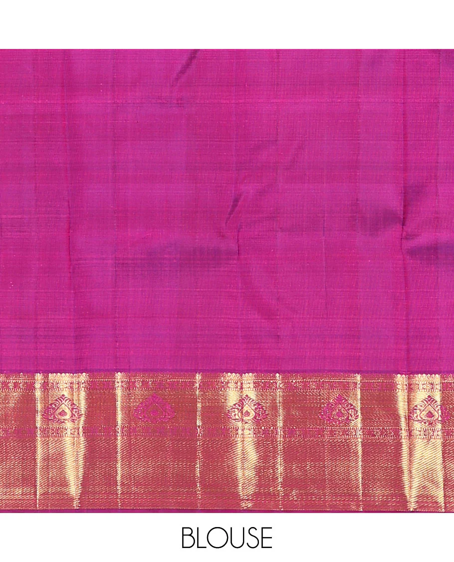Magenta jacquard kanchipuram silk saree, zari border of thilakam, banaras, muthu, rudraksham designs, and jaal pallu - Image 6