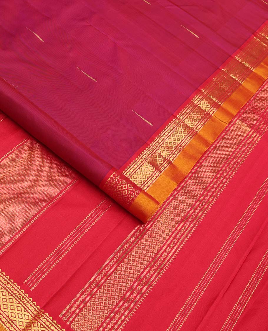 Magenta malli mokku buttas Kanchipuram silk saree, contrast border of rekku, banaras, and mayil kann designs, and traditional design pallu - Image 2