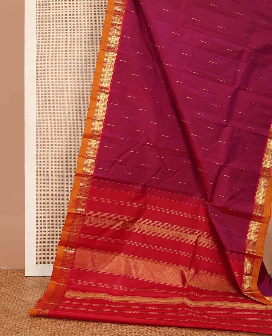 Magenta malli mokku buttas Kanchipuram silk saree, contrast border of rekku, banaras, and mayil kann designs, and traditional design pallu - Image 3