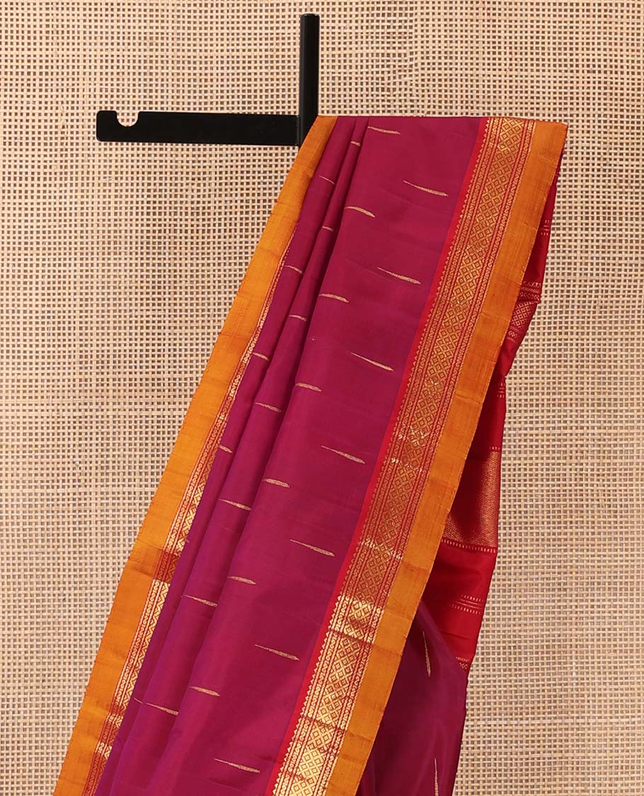 Magenta malli mokku buttas Kanchipuram silk saree, contrast border of rekku, banaras, and mayil kann designs, and traditional design pallu - Image 4