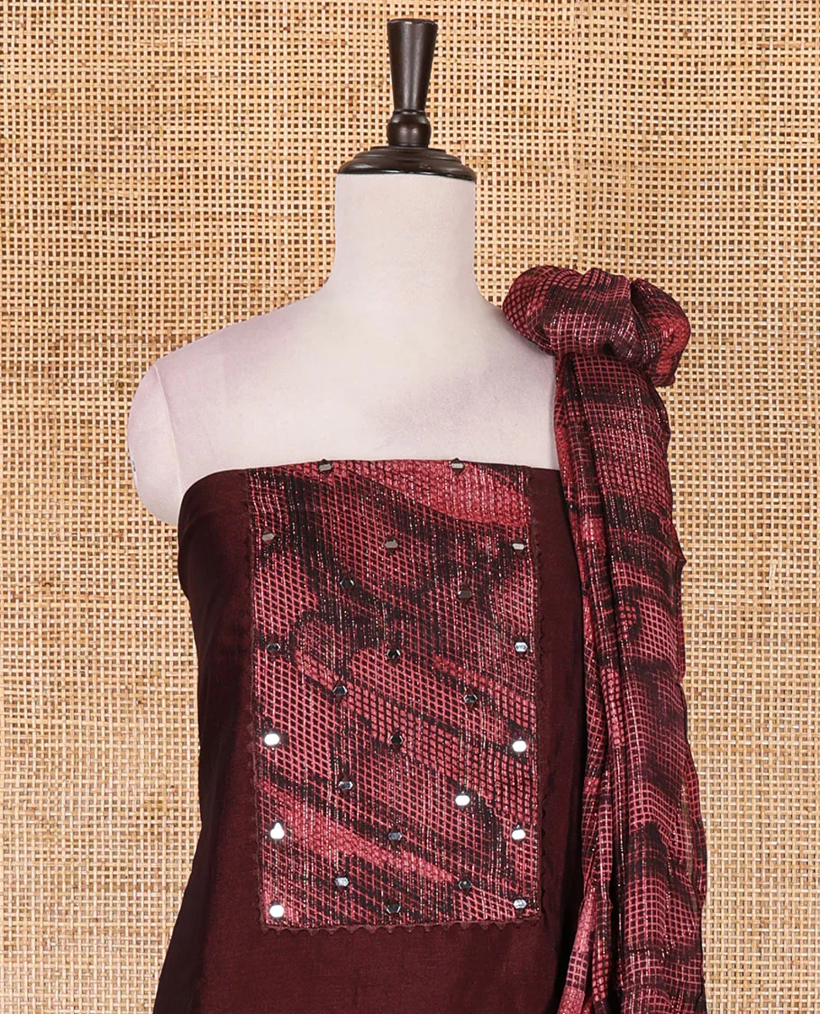 Magenta material chudidar set, abstract printed with mirrorwork vichitra silk top, santoon bottom, and abstract printed shimmer georgette dupatta - Image 3