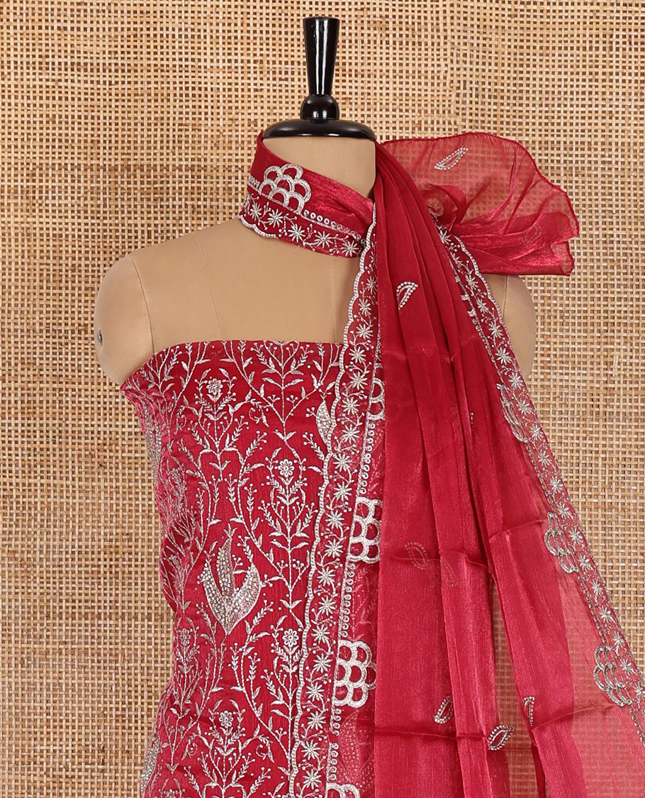 Magenta material chudidar set, intricate thread embroidered with stone work velvet organza top, a matching santoon bottom, and a embroidered velvet organza dupatta - Image 3