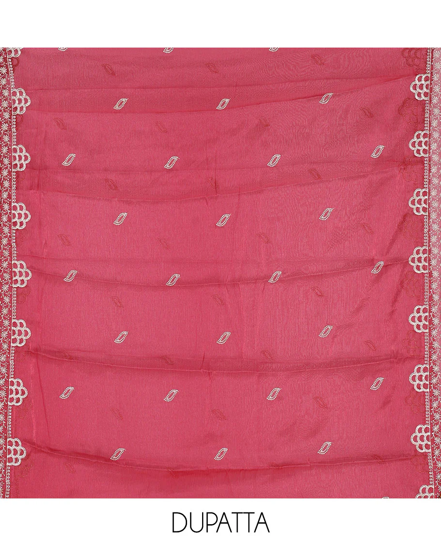 Magenta material chudidar set, intricate thread embroidered with stone work velvet organza top, a matching santoon bottom, and a embroidered velvet organza dupatta - Image 5