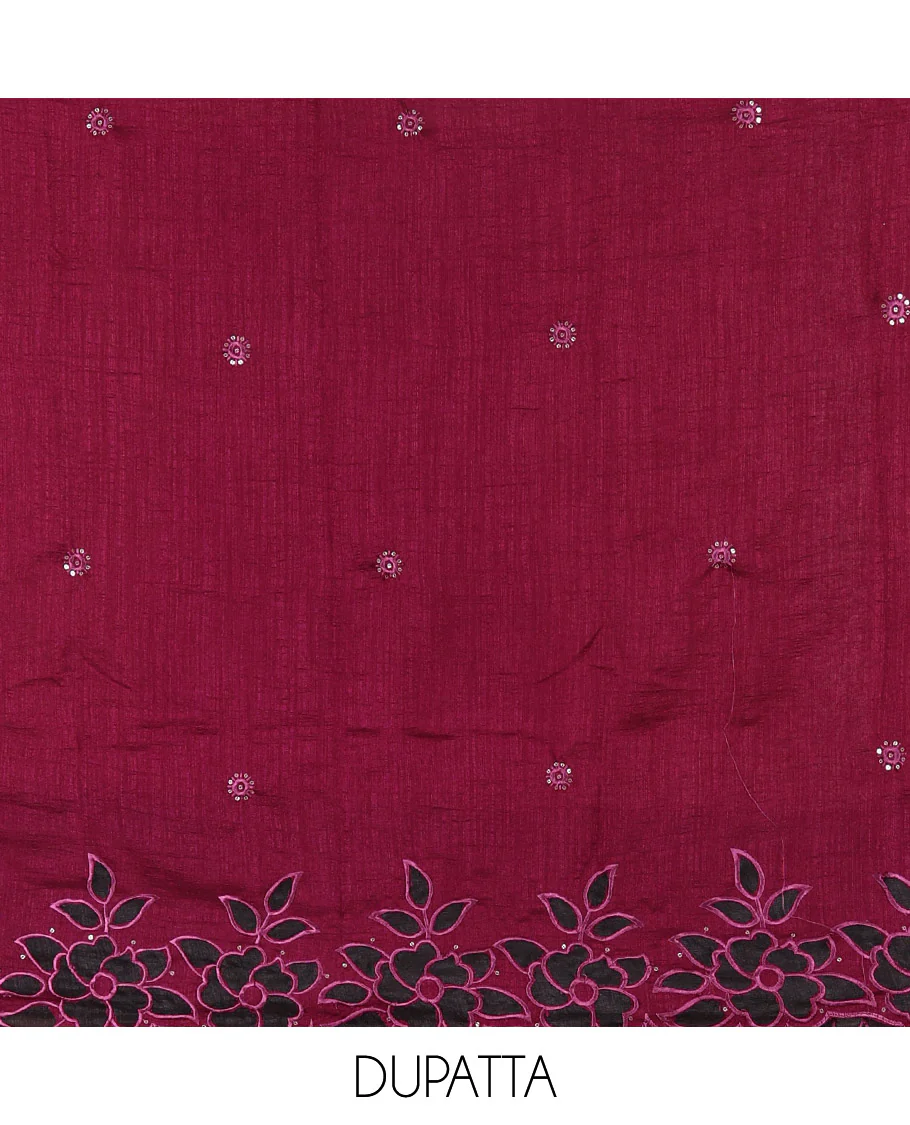 Magenta material chudidar set, sequins work with floral Aplic embroidered Vichitra silk top, matching bottom, and an embroidered dupatta - Image 2