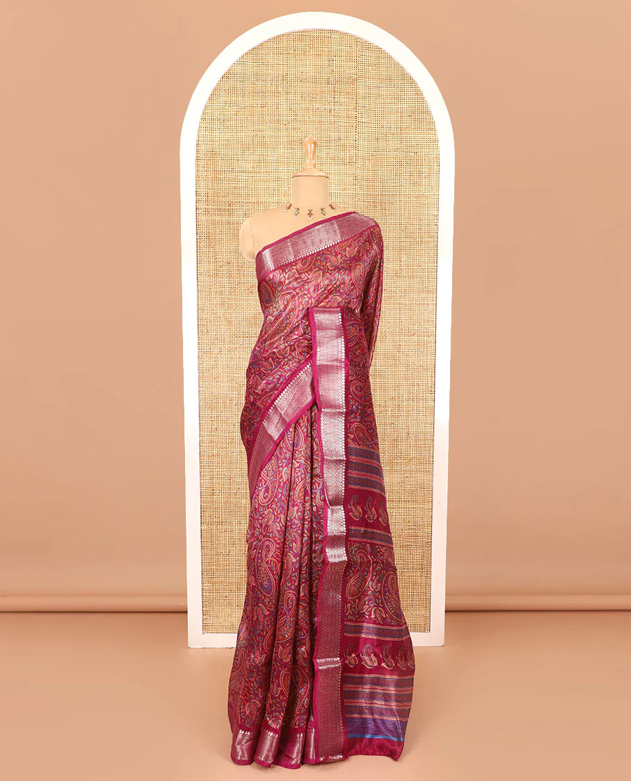 Magenta paisley motifs printed green silk saree, traditional zari border, paisley printed pallu, and a matching blouse - Image 2