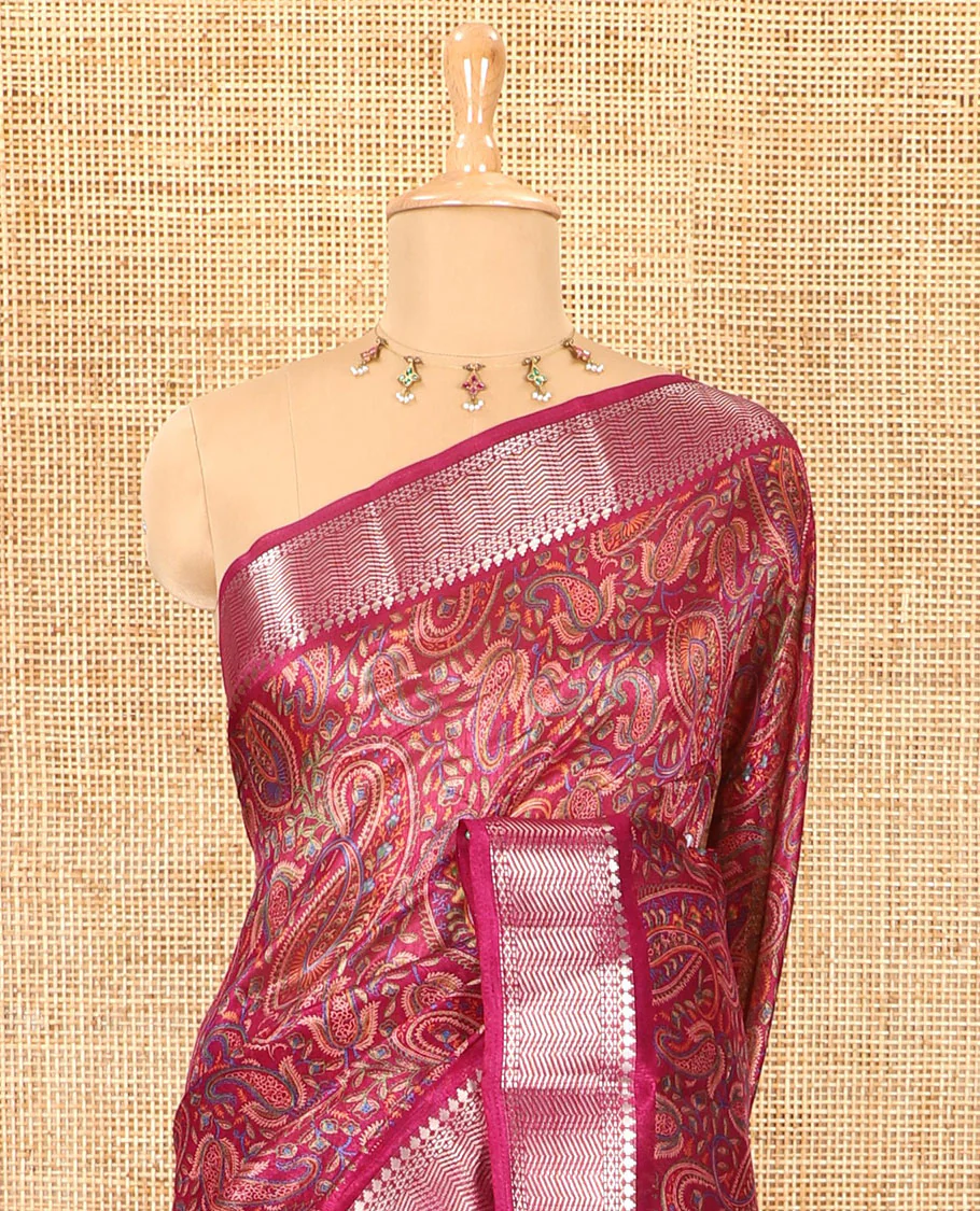 Magenta paisley motifs printed green silk saree, traditional zari border, paisley printed pallu, and a matching blouse - Image 3
