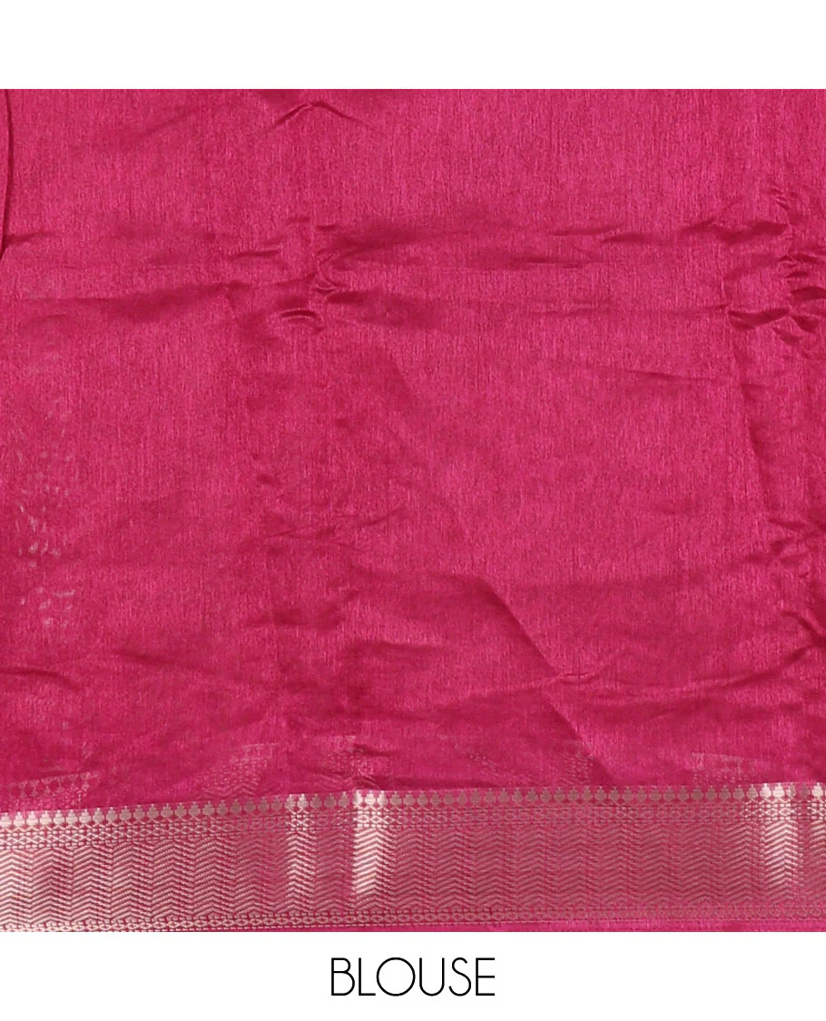 Magenta paisley motifs printed green silk saree, traditional zari border, paisley printed pallu, and a matching blouse - Image 4