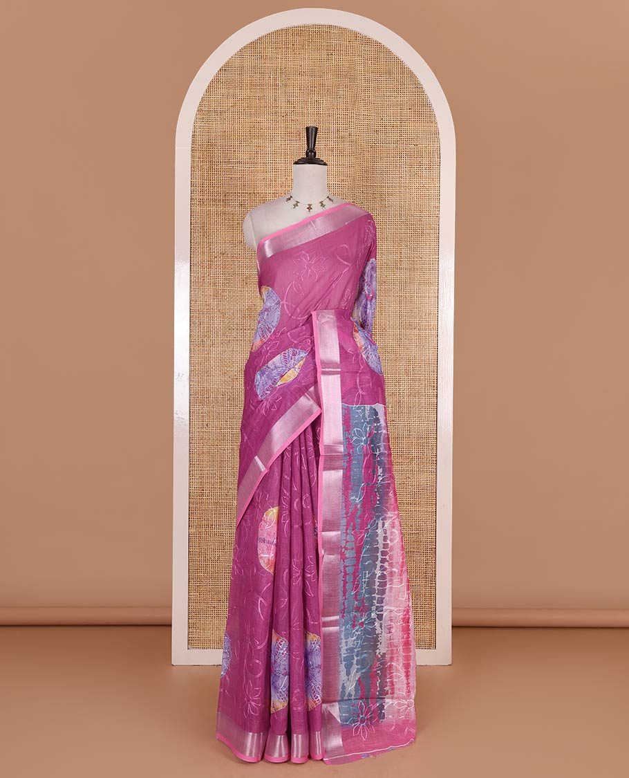 Magenta shibori printed with thread floral vine embroidered linen cotton saree, contrast bavanji border, pallu, and blouse of shibori print with embroidery - Image 2