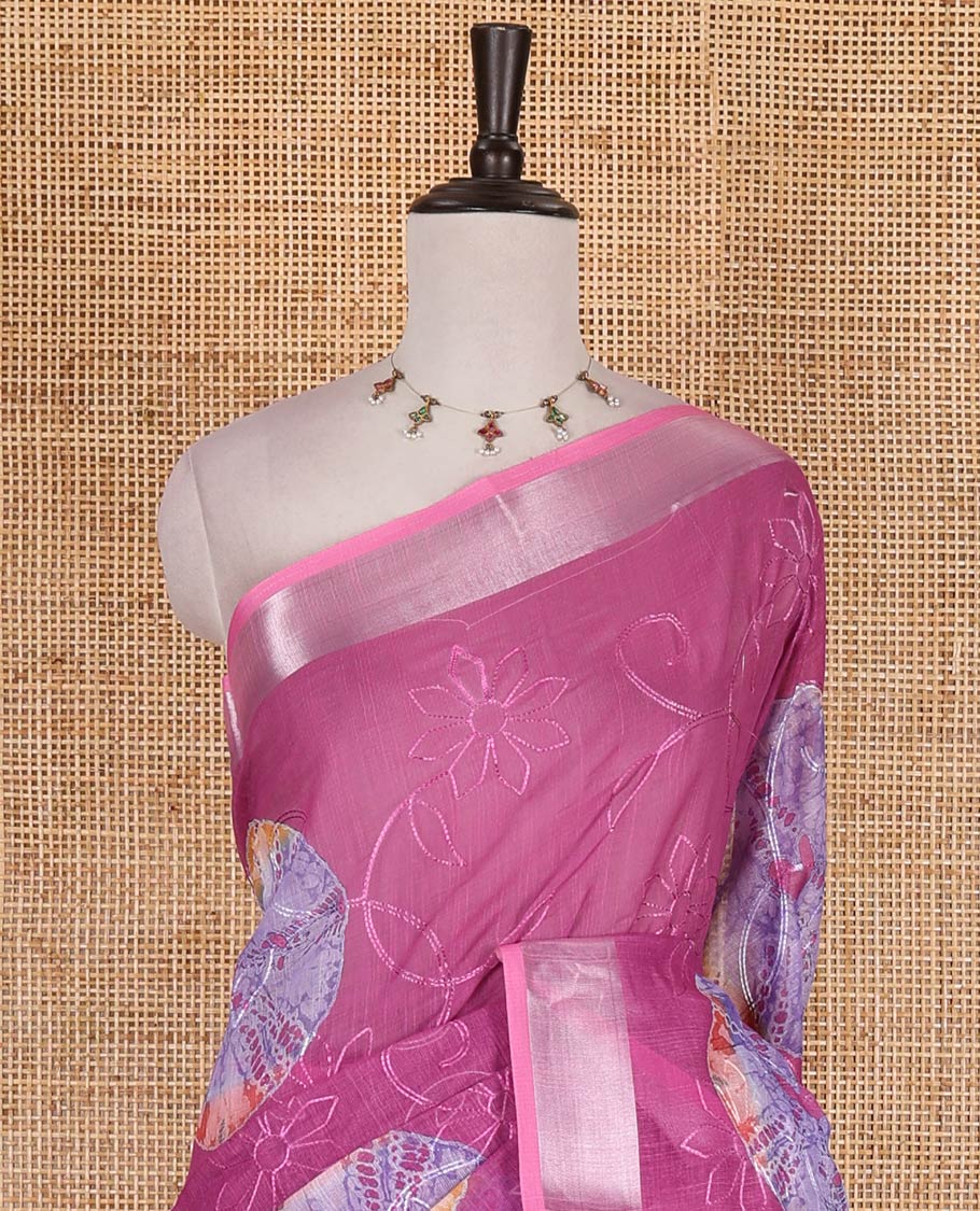 Magenta shibori printed with thread floral vine embroidered linen cotton saree, contrast bavanji border, pallu, and blouse of shibori print with embroidery - Image 3