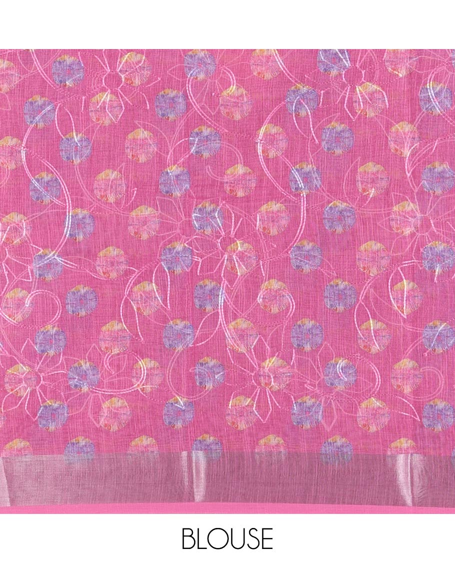 Magenta shibori printed with thread floral vine embroidered linen cotton saree, contrast bavanji border, pallu, and blouse of shibori print with embroidery - Image 4