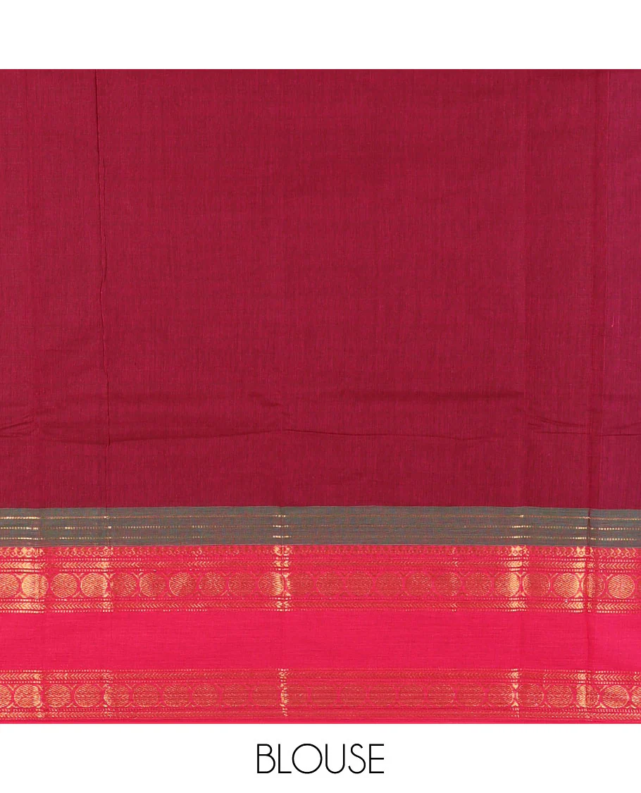 Magenta striped Chettinad cotton saree, contrast rettai rettu rudraksham motif zari border, striped pallu, and matching blouse - Image 4