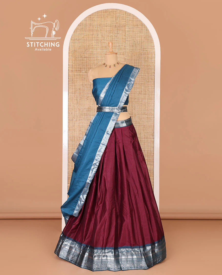 Magenta taffeta silk half-saree, plain with a contrast traditional design bordered skirt, contrast blouse, and traditional zari bordered blouse - Image 3