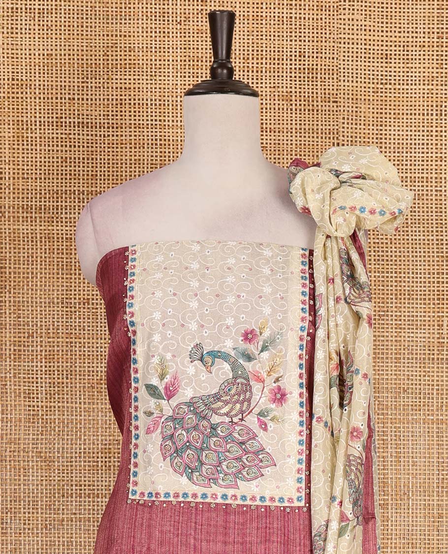 Magenta tissue material chudidar set, peacock printed with neck patch embroidered top, plain bottom, dupatta of peacock print, and cut work - Image 3