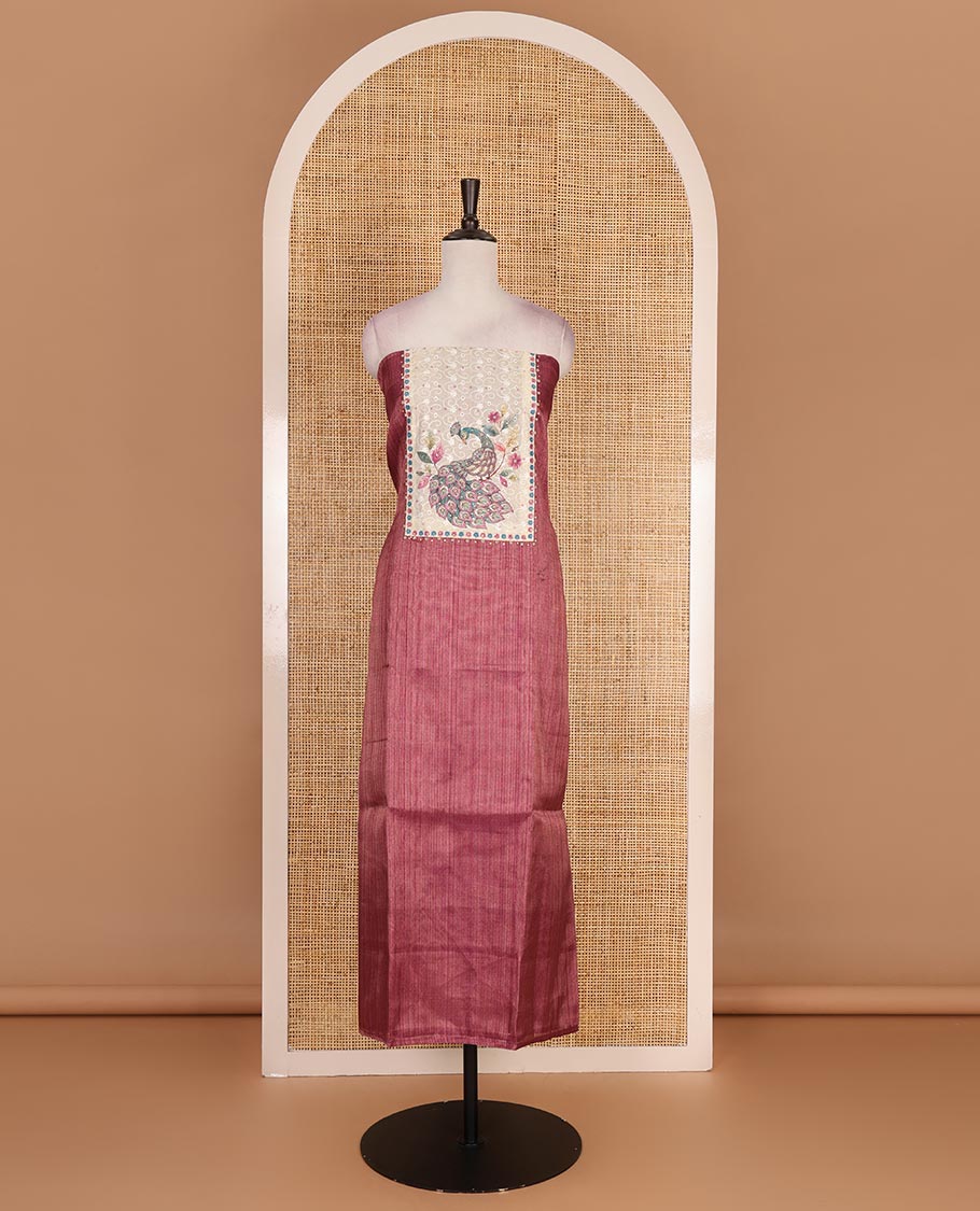 Magenta tissue material chudidar set, peacock printed with neck patch embroidered top, plain bottom, dupatta of peacock print, and cut work - Image 4