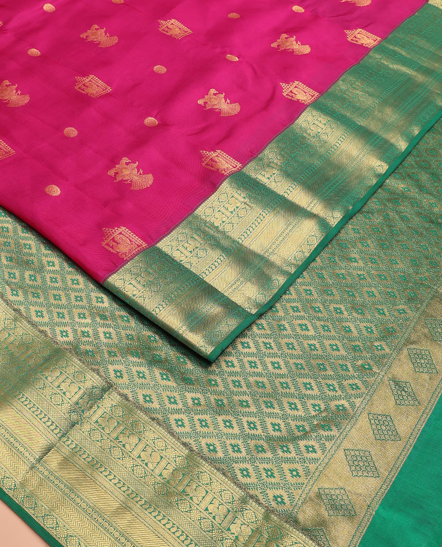 Magenta Vasundhara Lite Silk Mix Saree Enthralled with Mayil, Iruthalai Pakshi, and Chakram Designs, Highlighted with a Contrast Border of Mayil, Kamalam, Mayil Kann, Manga, Rudraksham, and Vanki Designs, Zari Elevated Jaal Pallu, and a Contrast Blouse - Image 2
