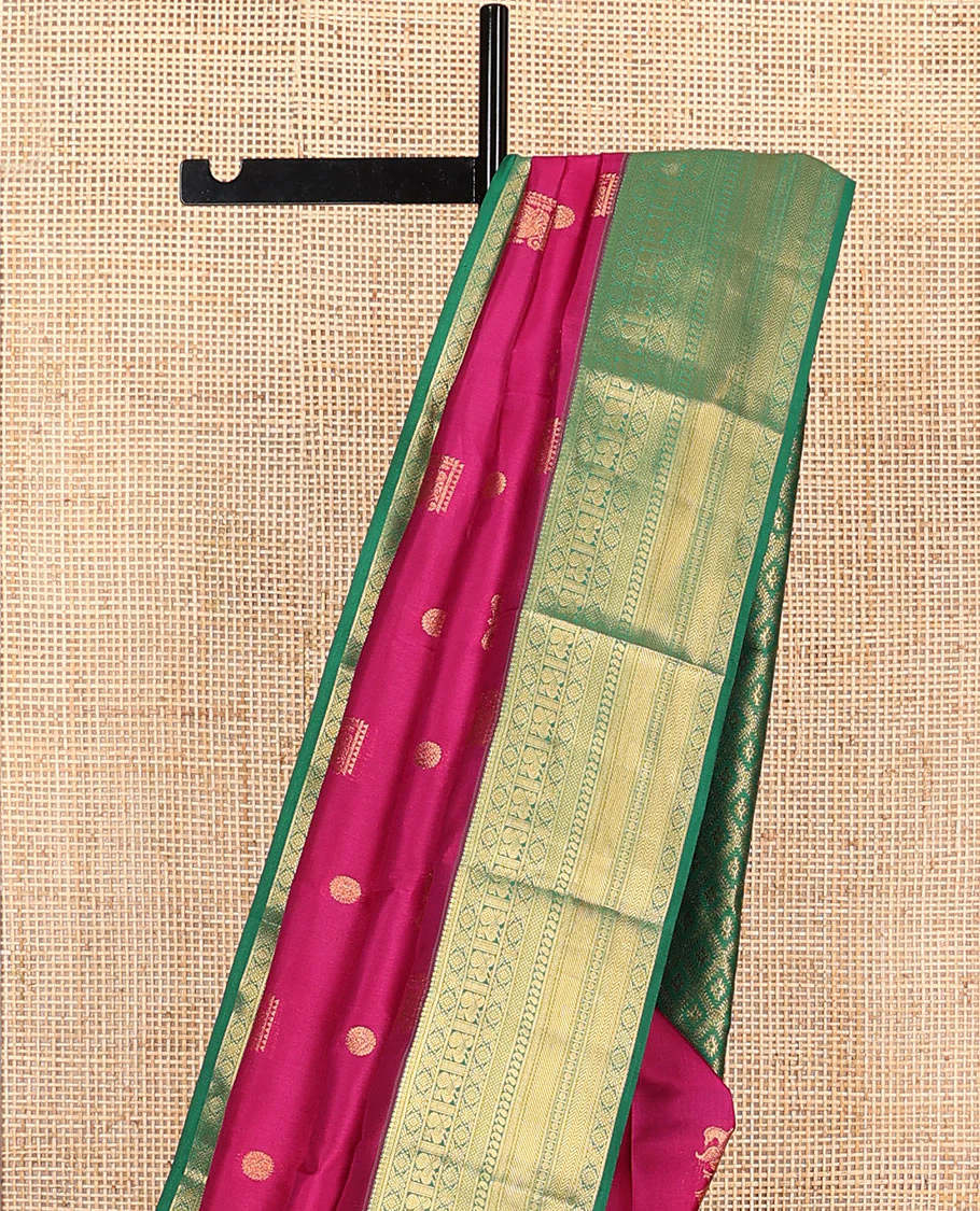 Magenta Vasundhara Lite Silk Mix Saree Enthralled with Mayil, Iruthalai Pakshi, and Chakram Designs, Highlighted with a Contrast Border of Mayil, Kamalam, Mayil Kann, Manga, Rudraksham, and Vanki Designs, Zari Elevated Jaal Pallu, and a Contrast Blouse - Image 3