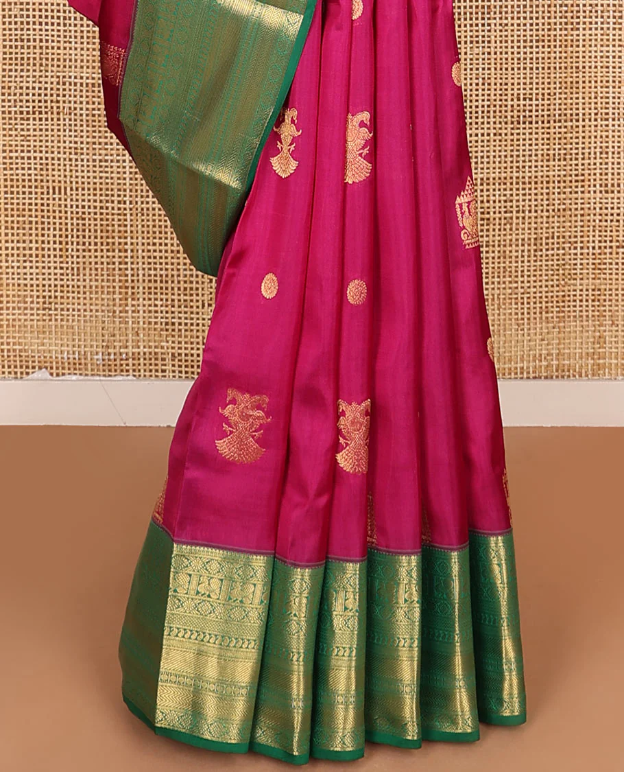 Magenta Vasundhara Lite Silk Mix Saree Enthralled with Mayil, Iruthalai Pakshi, and Chakram Designs, Highlighted with a Contrast Border of Mayil, Kamalam, Mayil Kann, Manga, Rudraksham, and Vanki Designs, Zari Elevated Jaal Pallu, and a Contrast Blouse - Image 4