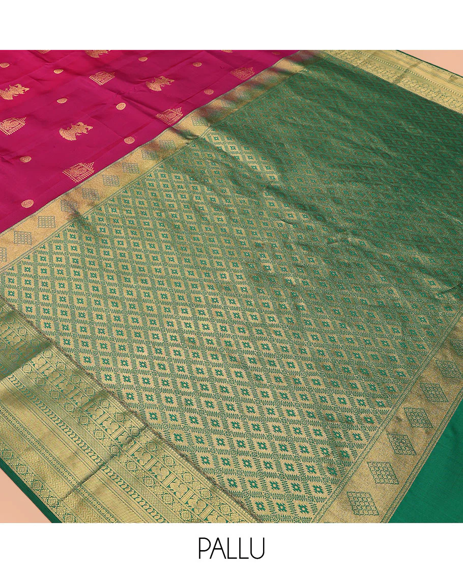 Magenta Vasundhara Lite Silk Mix Saree Enthralled with Mayil, Iruthalai Pakshi, and Chakram Designs, Highlighted with a Contrast Border of Mayil, Kamalam, Mayil Kann, Manga, Rudraksham, and Vanki Designs, Zari Elevated Jaal Pallu, and a Contrast Blouse - Image 5