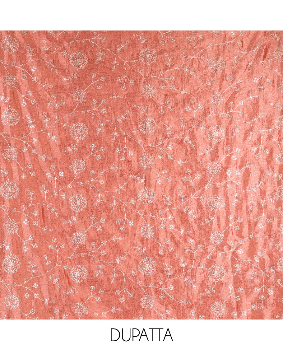 Magenta Vichitra silk material churidar set, floral motifs embroidered top, contrast Santoon bottom, and floral vine thread embroidered scallop dupatta - Image 2