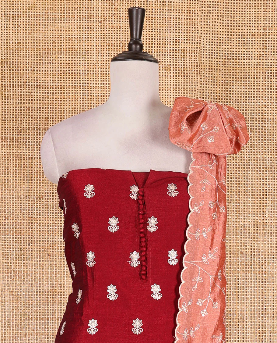 Magenta Vichitra silk material churidar set, floral motifs embroidered top, contrast Santoon bottom, and floral vine thread embroidered scallop dupatta - Image 3