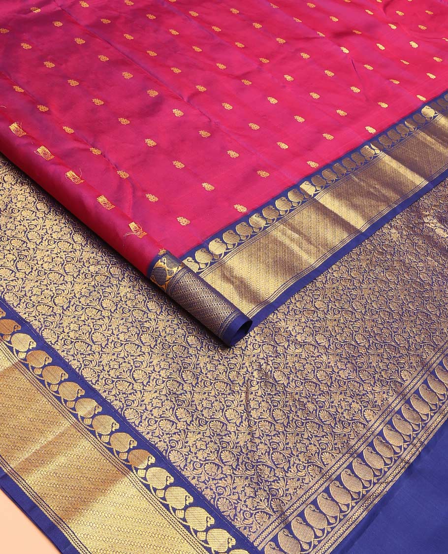 Magenta zari buttas Bangalore silk saree, contrast traditional zari border of manga designs, and floral jaal pallu - Image 2