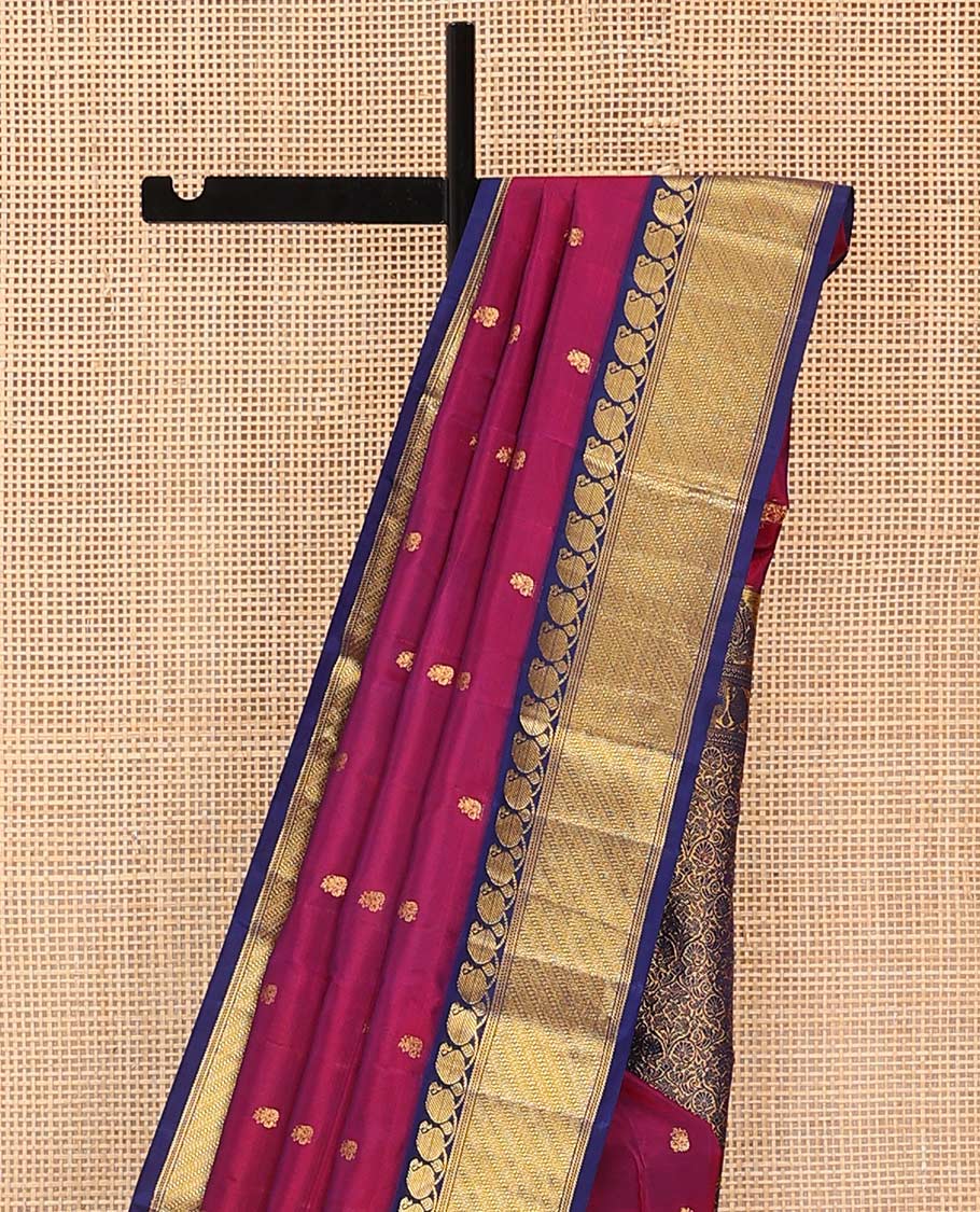Magenta zari buttas Bangalore silk saree, contrast traditional zari border of manga designs, and floral jaal pallu - Image 3