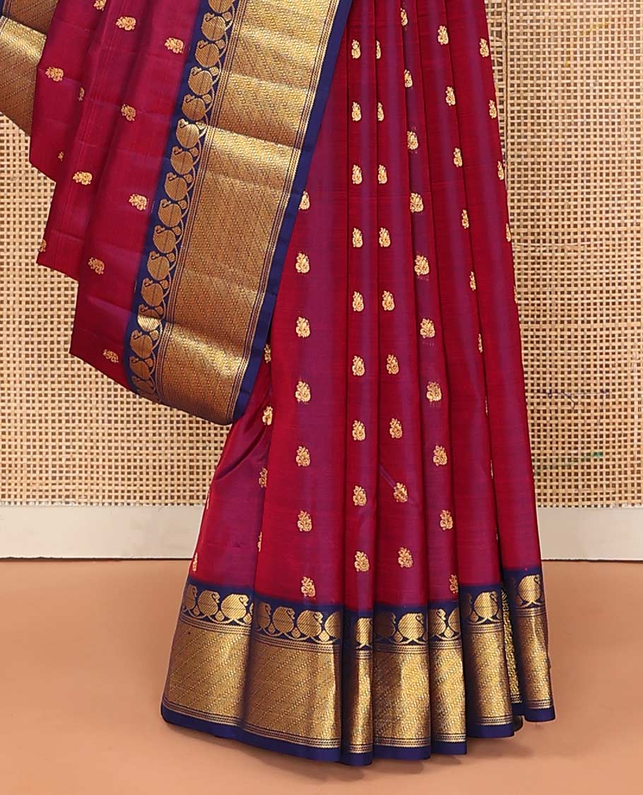 Magenta zari buttas Bangalore silk saree, contrast traditional zari border of manga designs, and floral jaal pallu - Image 4