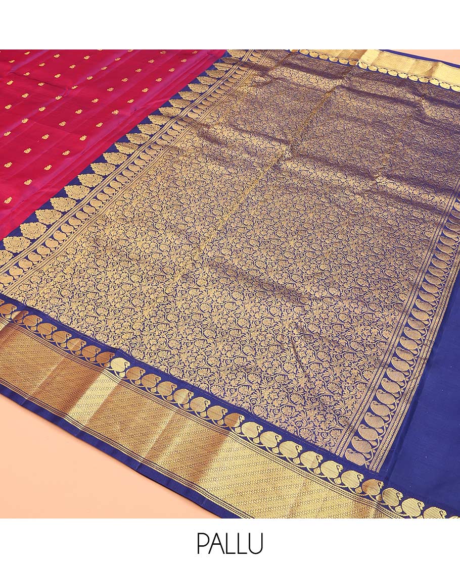 Magenta zari buttas Bangalore silk saree, contrast traditional zari border of manga designs, and floral jaal pallu - Image 5