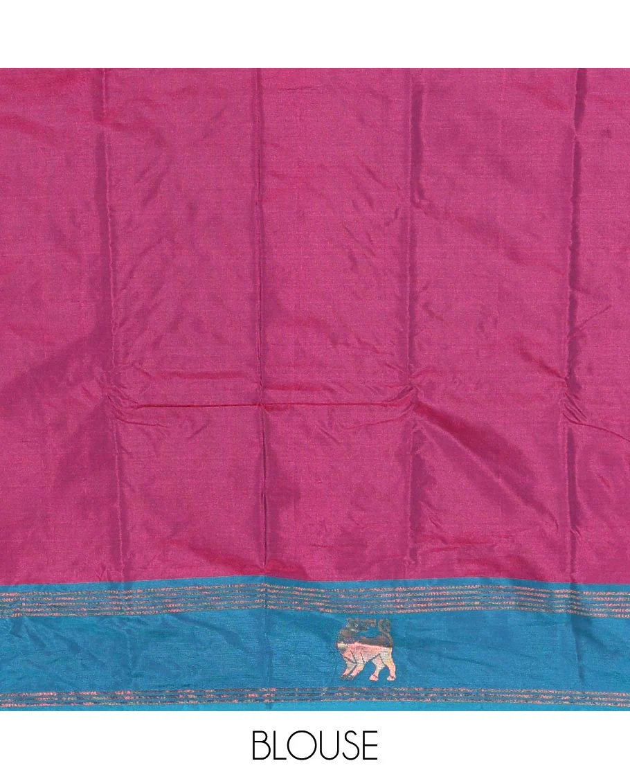 Magenta zari buttas Kanchi silk saree, contrast yaali motifs zari blue border, zari design pallu, and a matching blouse - Image 4