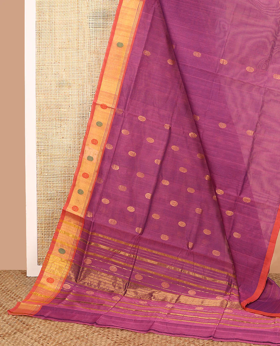 Magenta zari buttas Venkatagiri cotton saree with contrast zari and thread border, and pallu of zari stripes - Image 2