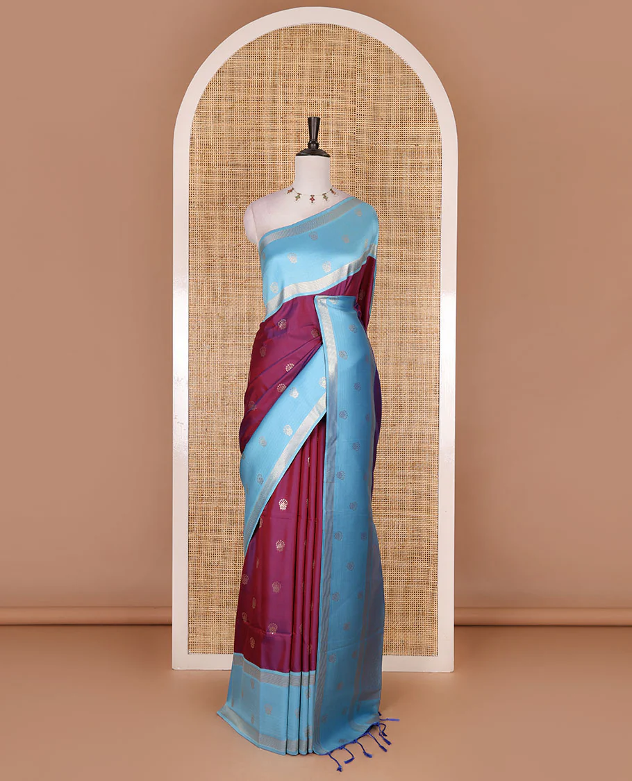 Magenta zari buttas soft silk saree, contrast zari design border, intricate jaal pallu, and contrast zari design blouse - Image 2