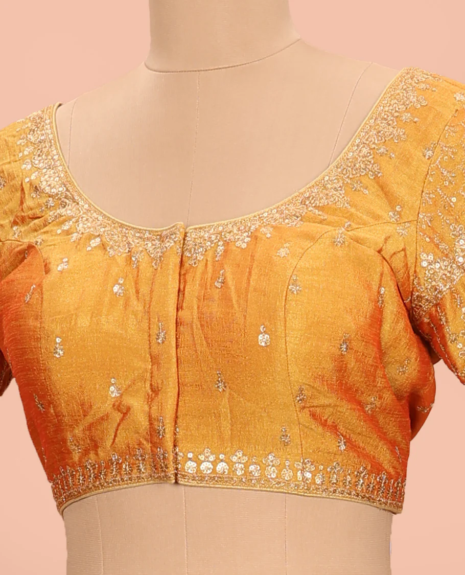 Mango yellow sequins embroidered round neck with elbow sleeve raw-silk blouse - Image 2