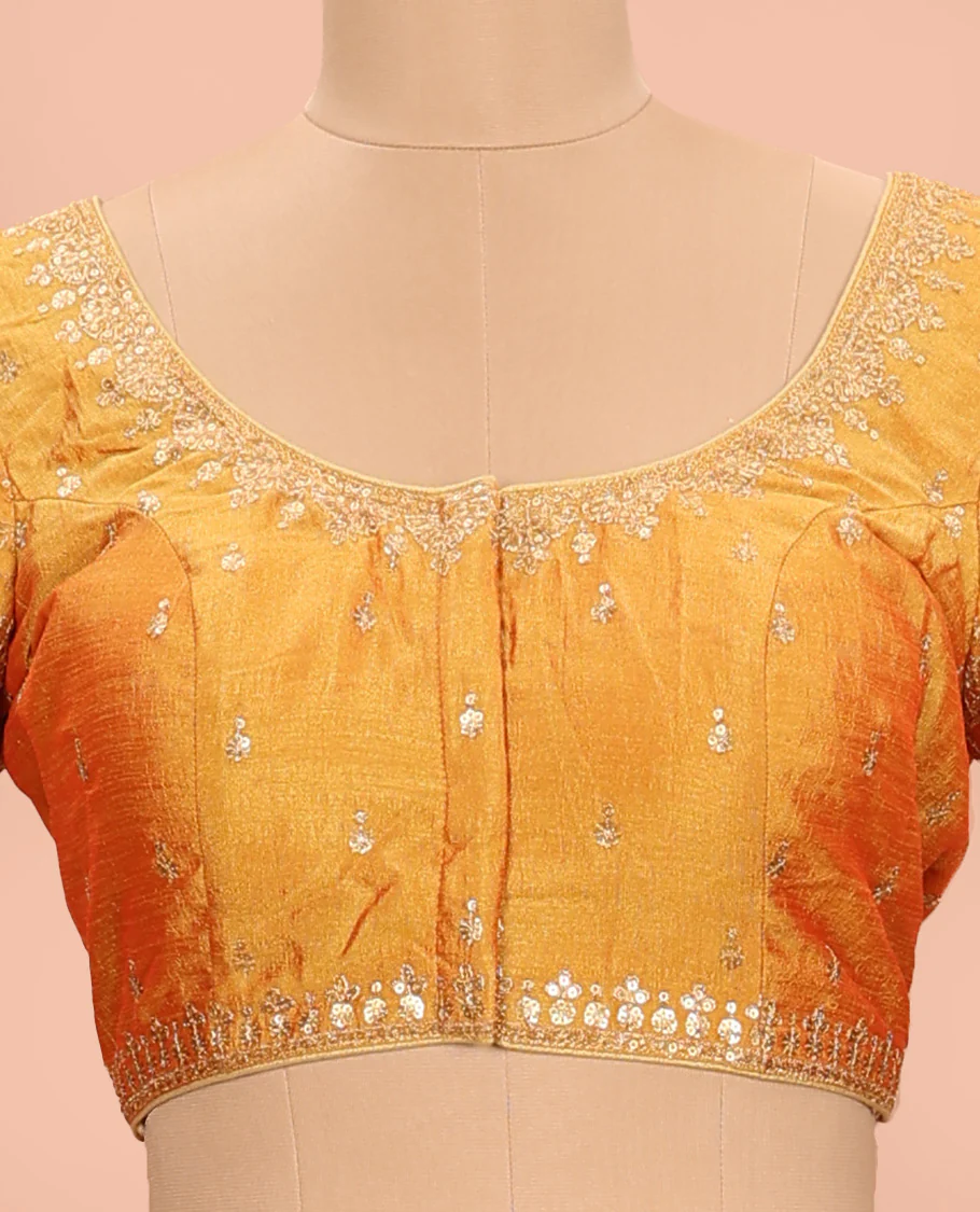 Mango yellow sequins embroidered round neck with elbow sleeve raw-silk blouse - Image 3