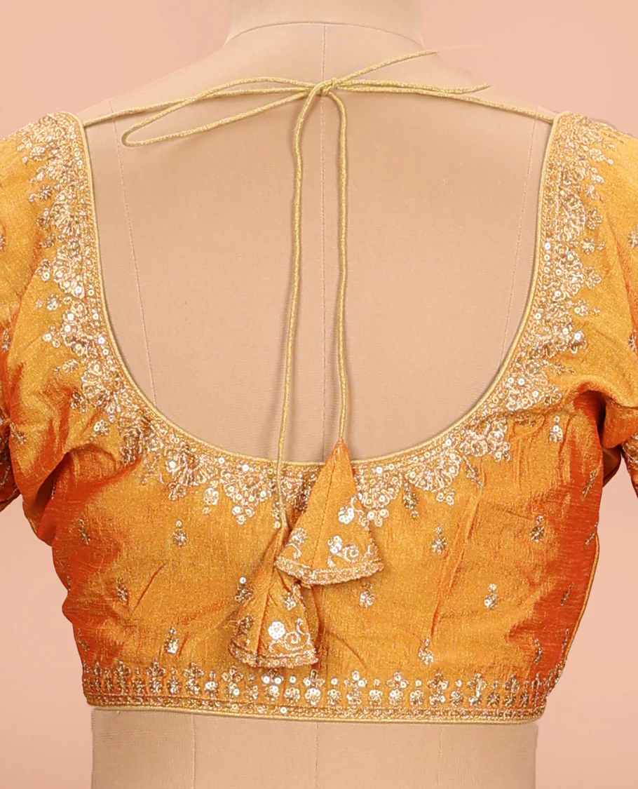 Mango yellow sequins embroidered round neck with elbow sleeve raw-silk blouse - Image 4