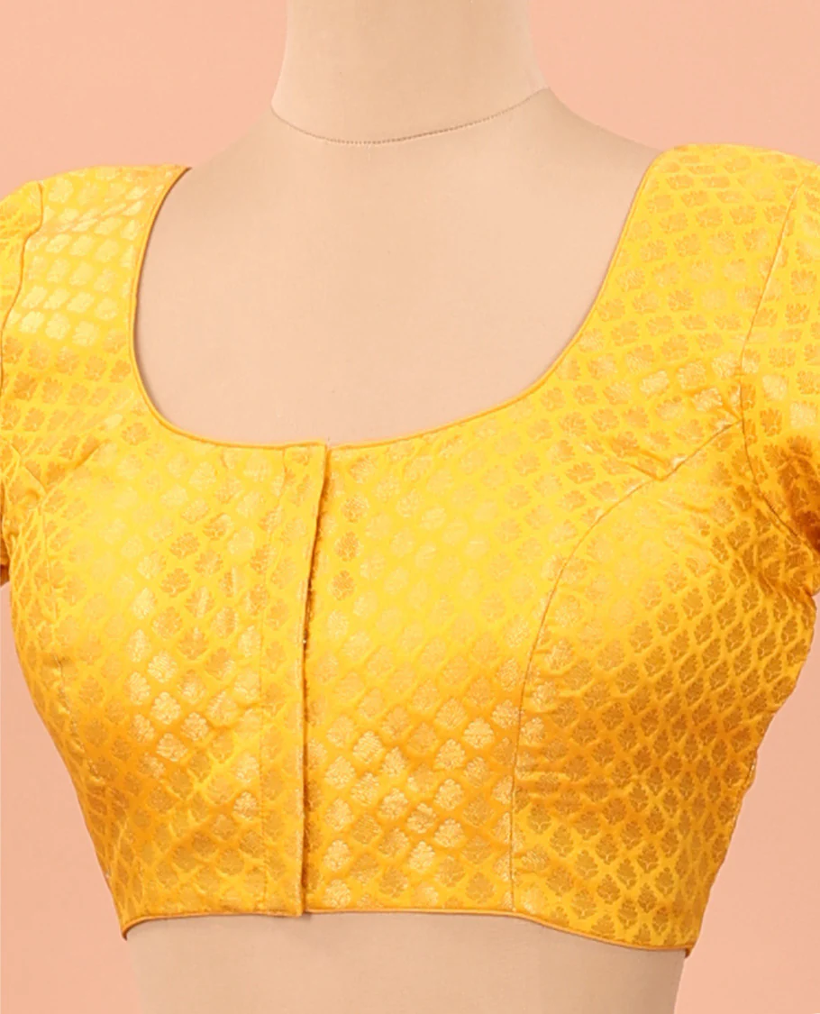 Mango yellow zari jacquard front-back round neck elbow sleeve readymade blouse - Image 2