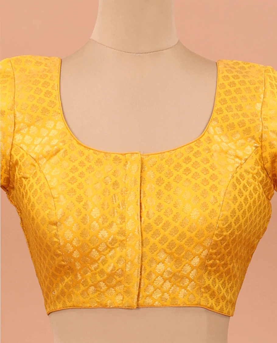 Mango yellow zari jacquard front-back round neck elbow sleeve readymade blouse - Image 3