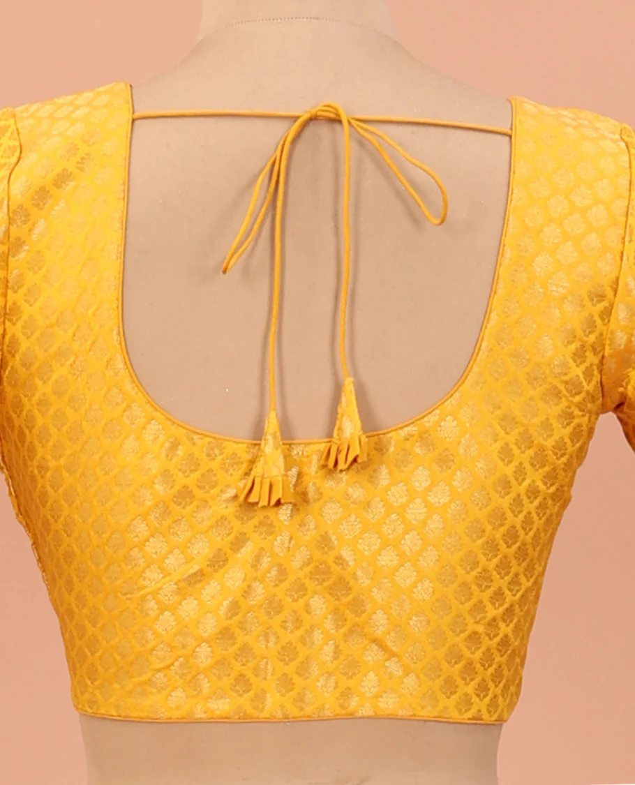 Mango yellow zari jacquard front-back round neck elbow sleeve readymade blouse - Image 4