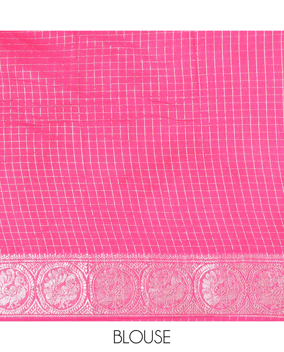 Maroon and pink checked sungudi cotton saree, contrast silver zari round peacock border, striped pallu, and a contrast checked blouse - Image 4