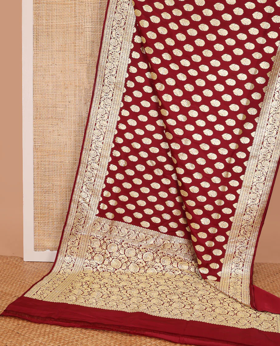 Maroon banarasi silk saree with zari buttas, self-border of floral creeper designs & pallu steeped with floral designs - Image 3
