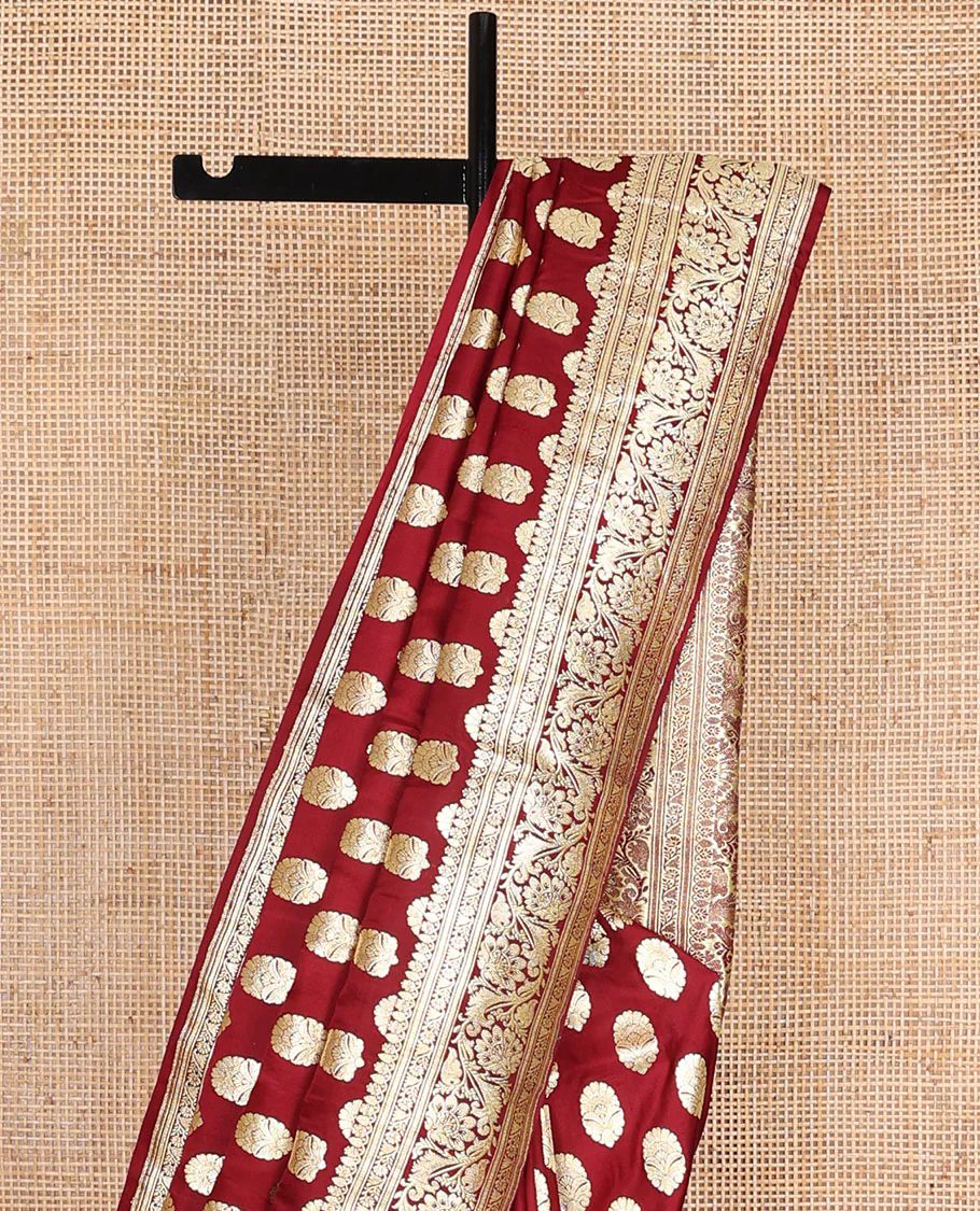 Maroon banarasi silk saree with zari buttas, self-border of floral creeper designs & pallu steeped with floral designs - Image 4