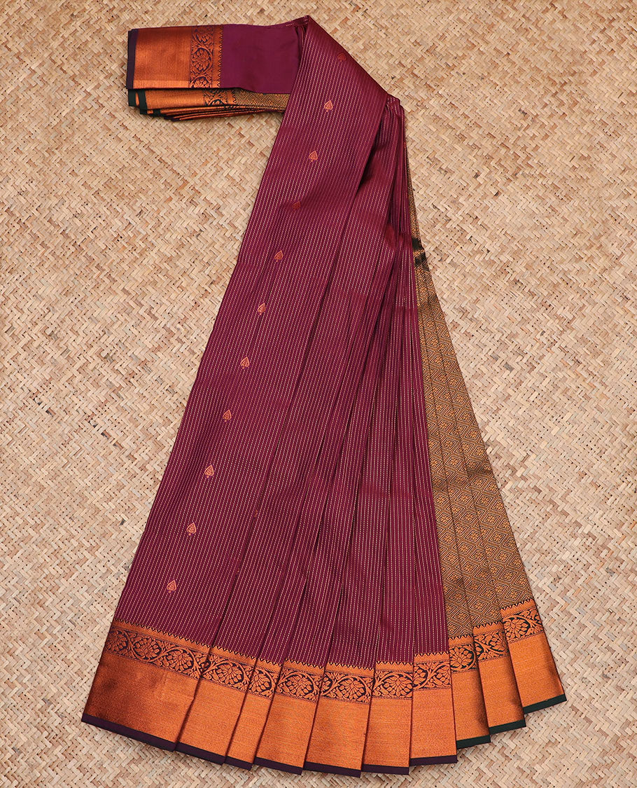 Maroon Budget Silk Saree Adorned with Dotted Zari Stripes and Zari Buttas, Complemented by a Contrasting Temple Floral Creeper Design Zari Border, Intricately Woven Jaal Pallu, and a Contrasting Zari-Bordered Blouse - Image 2