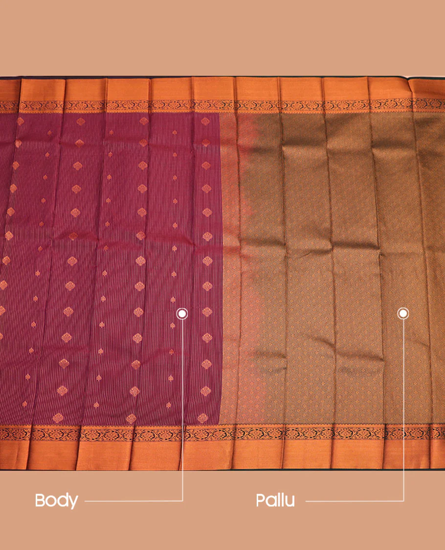 Maroon Budget Silk Saree Adorned with Dotted Zari Stripes and Zari Buttas, Complemented by a Contrasting Temple Floral Creeper Design Zari Border, Intricately Woven Jaal Pallu, and a Contrasting Zari-Bordered Blouse - Image 3