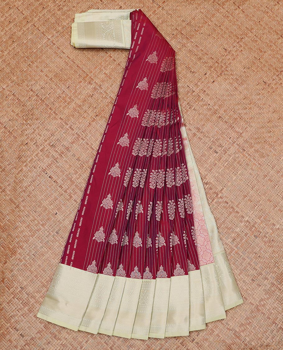 Maroon Budget Silk Saree Adorned with Zari Buttas All Over Its Body, Complemented with a Contrast Traditional Zari Design Border, Floral Zari Decked Up Pallu, and a Contrast Zari-Bordered Blouse - Image 2