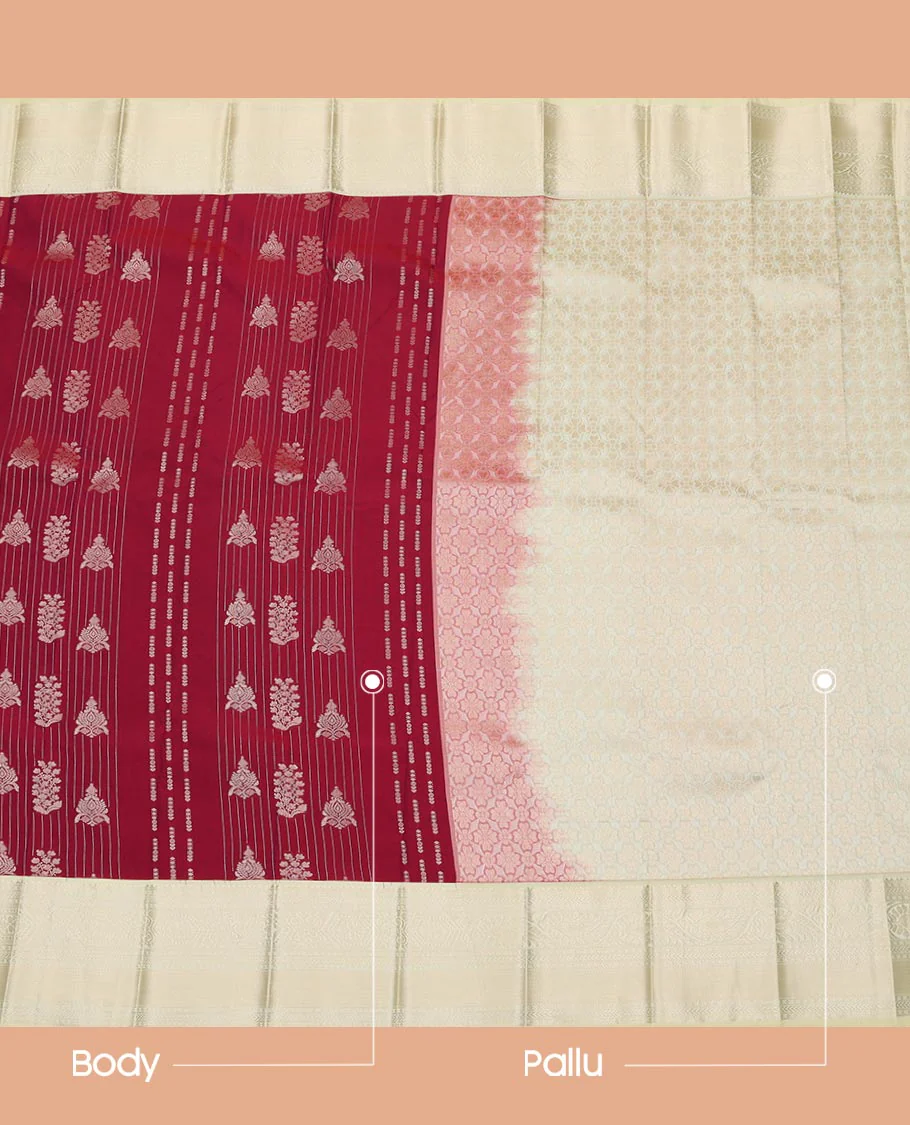 Maroon Budget Silk Saree Adorned with Zari Buttas All Over Its Body, Complemented with a Contrast Traditional Zari Design Border, Floral Zari Decked Up Pallu, and a Contrast Zari-Bordered Blouse - Image 3