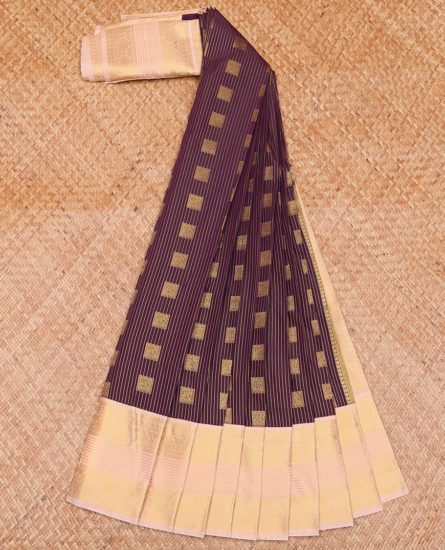 Maroon Budget Silk Saree Beautified with Zari Stripes and Square Buttas, Accentuated with a Contrast Traditional Zari Motifs Woven Border, Subtly Woven Jaal Pallu, and Paired with a Matching Blouse - Image 2
