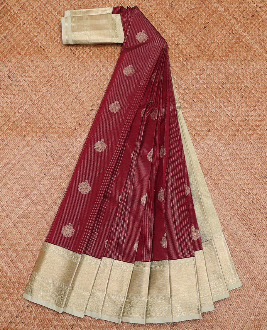 Maroon Budget Silk Saree Detailed with Zari Buttas and stripes, Complemented by a Contrast Traditional Zari Border, subtly decked up Pallu, and Paired with a Contrast Blouse - Image 2