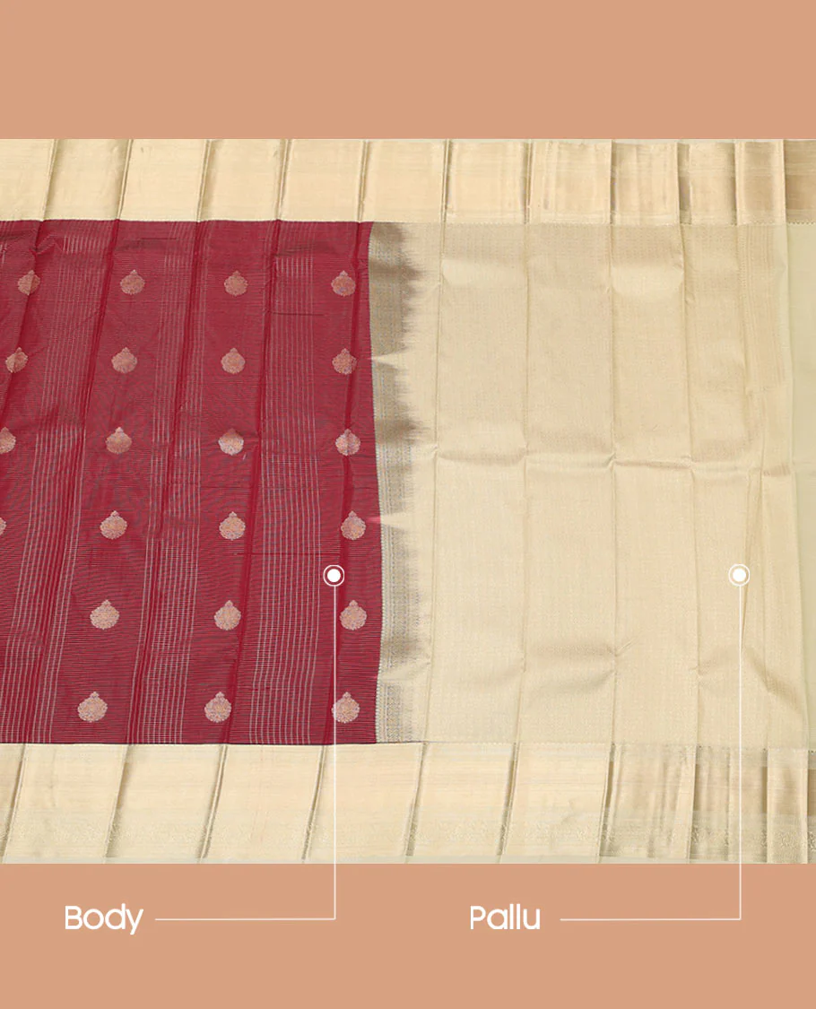 Maroon Budget Silk Saree Detailed with Zari Buttas and stripes, Complemented by a Contrast Traditional Zari Border, subtly decked up Pallu, and Paired with a Contrast Blouse - Image 3