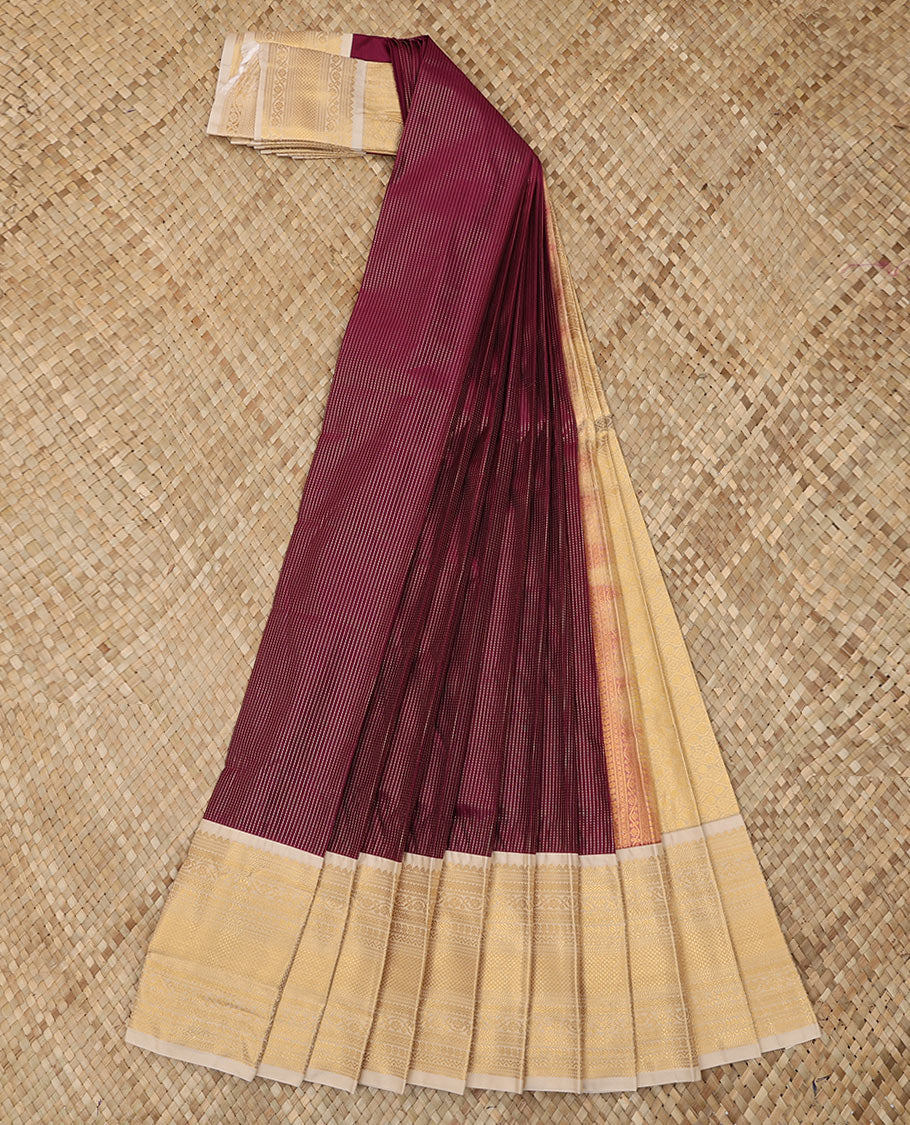 Maroon Budget Silk Saree Elevated with Dotted Zari Stripes, Complemented with a Contrast Traditional Zari Design Border, Diagonal Striped Pallu, and Paired with a Contrast Blouse - Image 2
